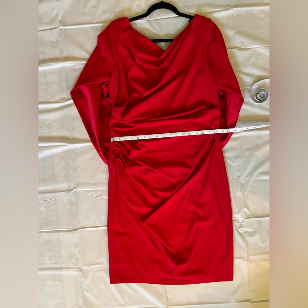 Betsy & Adam Vibrant Red Shoulder Cape Dress